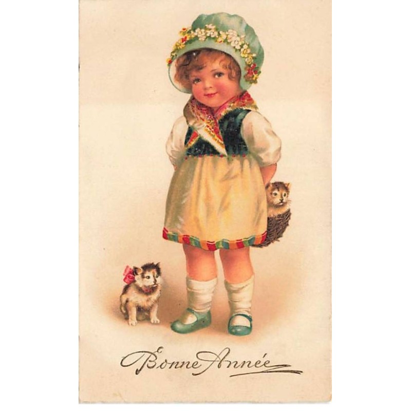 n°24828 - Clapsaddle - Bonne Année - Fillette avec deux chatons - chat