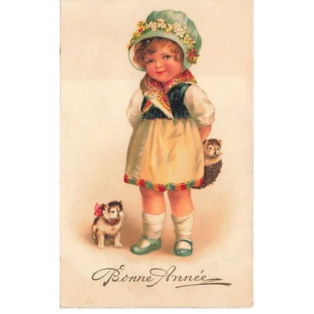 n°24828 - Clapsaddle - Bonne Année - Fillette avec deux chatons - chat