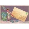n°24831 - Carte Gaufrée - Bonne et Heureuse Année - Garçon écrivant une carte postale - myosotis