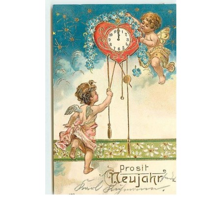 n°2484 - Carte Gaufrée - Prosit Neujahr - Angelots autour d'une pendule