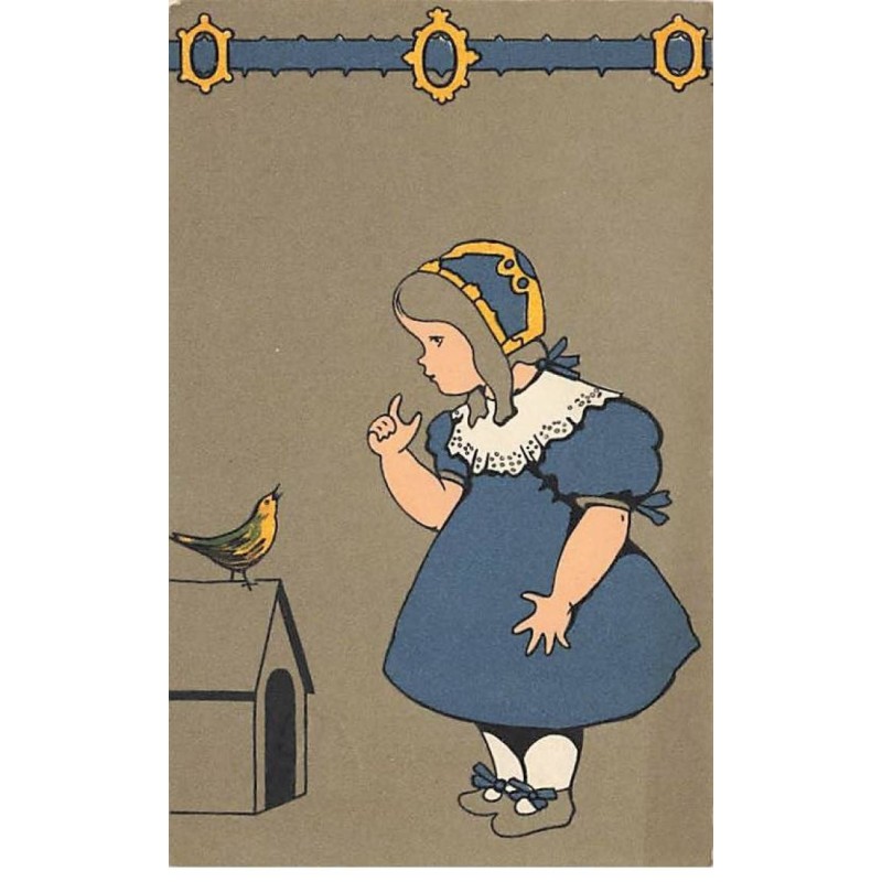 n°24844 - Fantaisie - Fillette parlant à un oiseau sur une niche