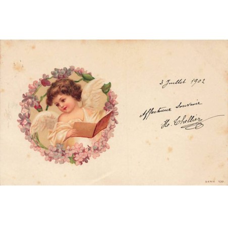 n°24846 - Clapsaddle - Un Ange lisant au milieu d'une couronne de fleurs