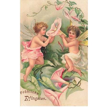 n°24847 - Carte Gaufrée - Fröhliche Pfingsten - Sylphides au milieu de fleurs