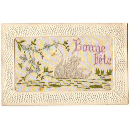 n°24853 - Carte Brodée - Bonne Fête - Cygne et myosotis