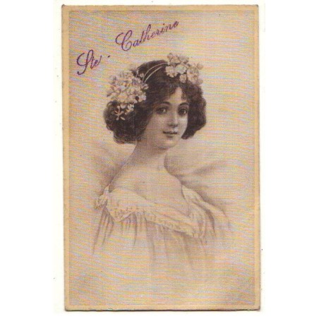 n°24854 - Carte Tissée Soie - Ste-Catherine - Jeune fille avec des fleurs dans les cheveux