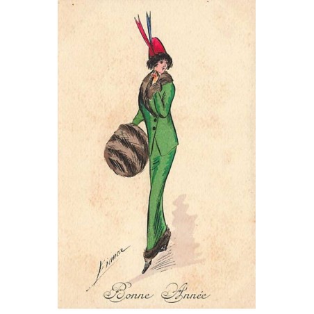 n°24856 - Illustrateur - Bonne Année - Bianca - Femme portant un chapeau rouge, et un manchon en fourrure