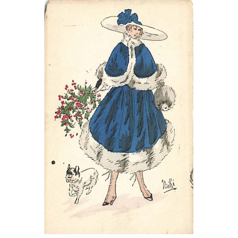 n°24857 - Illustrateur Miki - Femme portant du houx et se promenant avec un chien