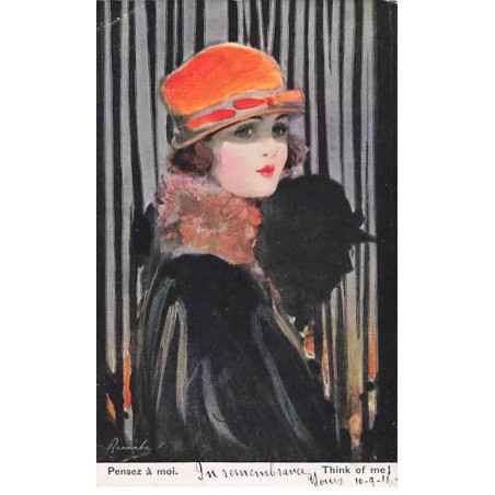 n°24858 - Illustrateur - Pensez à moi - Jeune femme avec un chapeau orange