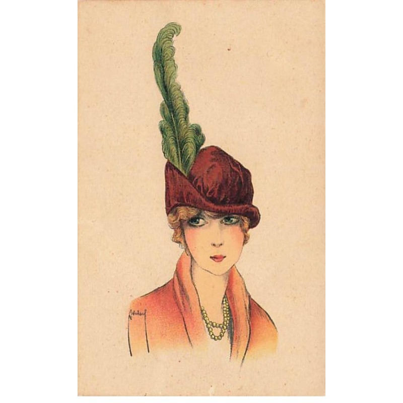 n°24860 - Illustrateur - Jeune femme portant un chapeau avec une grande plume verte - Art Déco