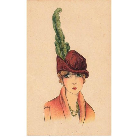 n°24860 - Illustrateur - Jeune femme portant un chapeau avec une grande plume verte - Art Déco