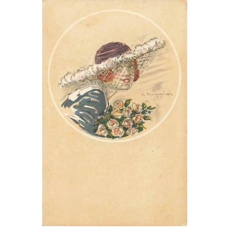 n°24861 - Illustrateur - Jeune femme portant un chapeau avec voilette, et tenant un bouquet de roses