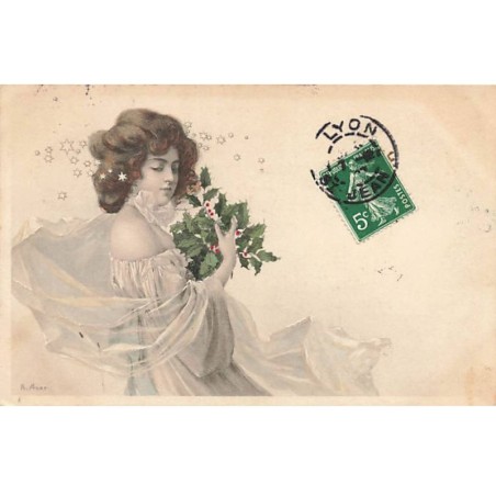 n°24864 - Nouvel An - R. Auer - Jeune femme tenant du houx