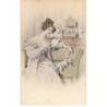 n°24871 - Illustrateur MM n°467 - Jeune femme assise, lisant une lettre tout en jouant avec un chat