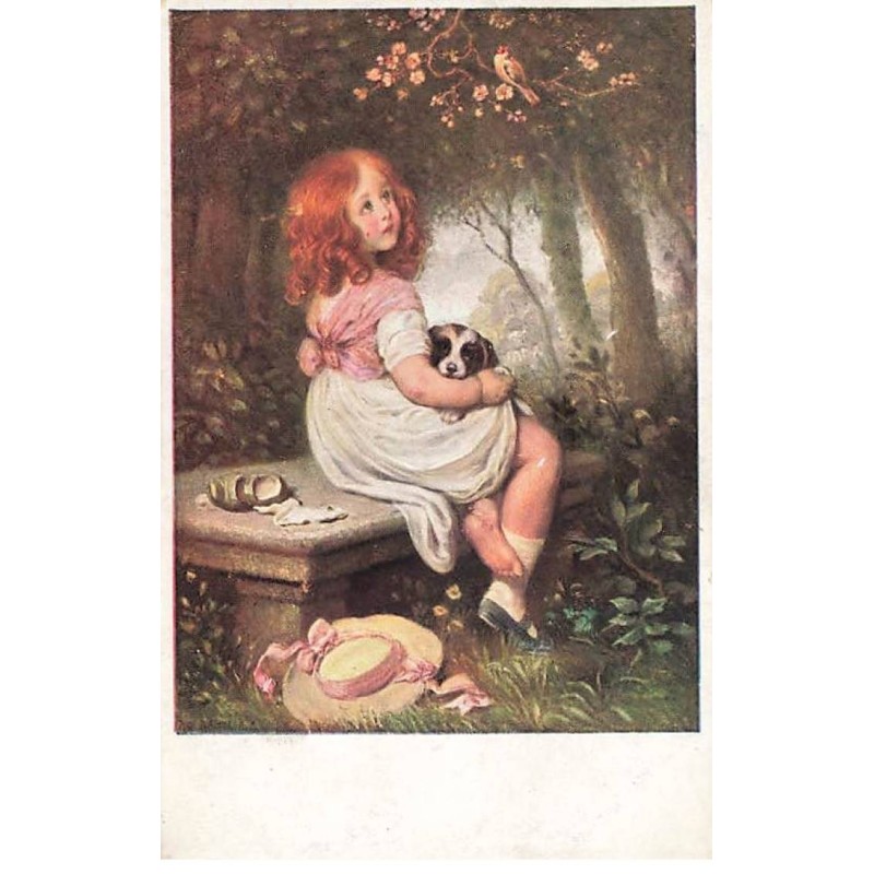 n°24872 - Fantaisie - MM Vienne 1360 - Fillette sur un banc regardant un oiseau, avec un chien sur les genoux