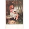 n°24872 - Fantaisie - MM Vienne 1360 - Fillette sur un banc regardant un oiseau, avec un chien sur les genoux