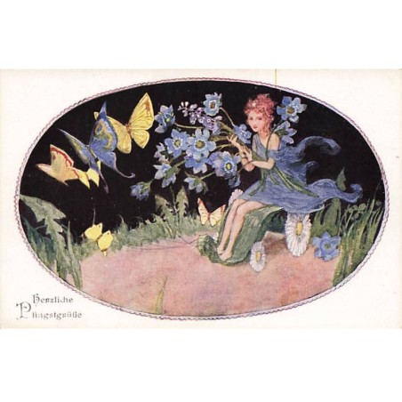 n°24879 - Pentecôte - Herzliche Pfingstgrusse - Une fée sur un char fait de fleurs tiré par des papillons