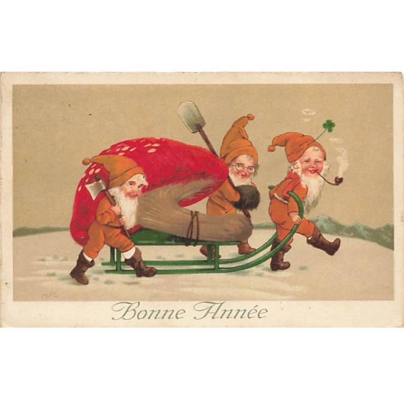 n°24883 - Flatscher - Bonne Année - Nains tirant un champignon à l'aide d'une luge