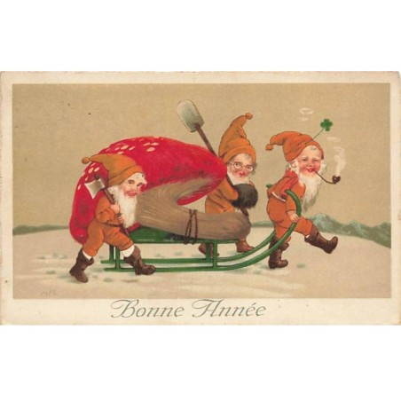n°24883 - Flatscher - Bonne Année - Nains tirant un champignon à l'aide d'une luge