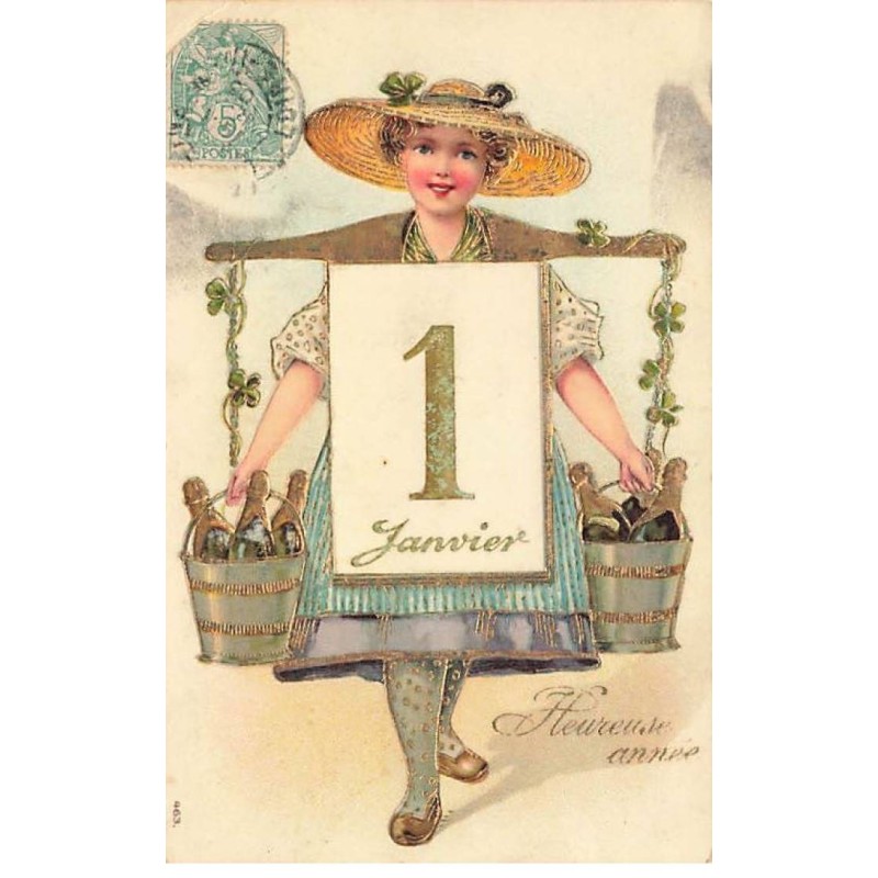 n°24885 - Carte Gaufrée - Heureuse Année - Jeune femme portant des bouteilles de champagne