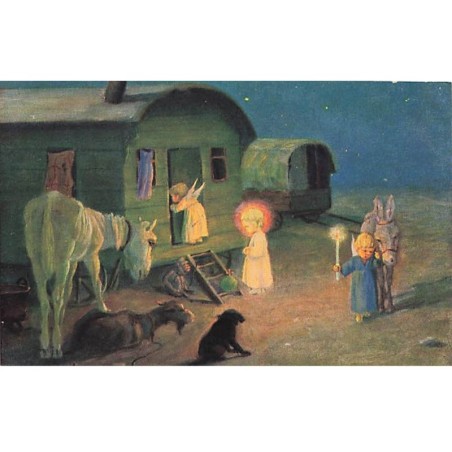 n°24891 - Fantaisie - Fröhliche Weihnachten - Anges et animaux près d'une roulotte