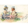 n°24893 - Fantaisie - n°7004 - Chats habillés flirtant sur un banc