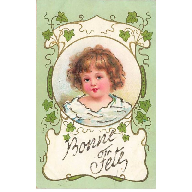 n°24896 - Art Nouveau - Bonne Fête - Portrait d'un enfant dans un médaillon - Paillettes