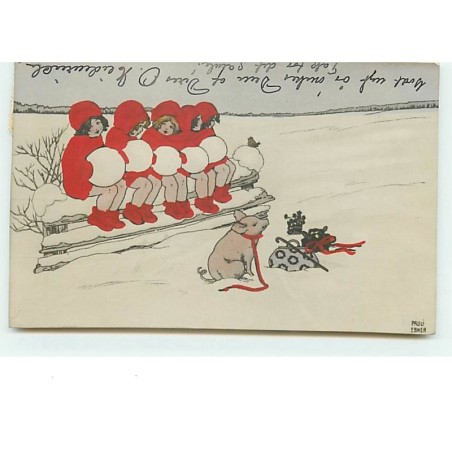 n°11865 - P. Ebner - Fillettes assises sur une barrière enneigée regardant un cochon