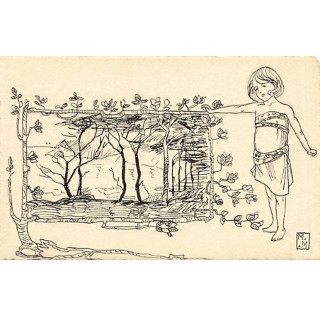 n°24908 - Carte dessinée à l'encre de chine - MM - Enfant et décor Art Nouveau