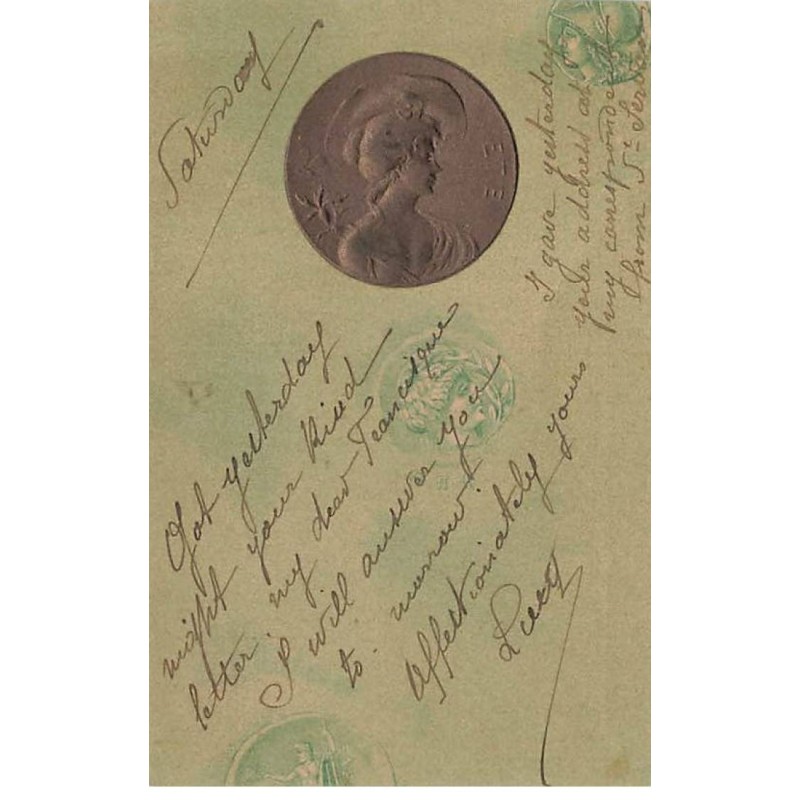 n°24911 - Carte Gaufrée - Femme dans un Médaillon - Eté