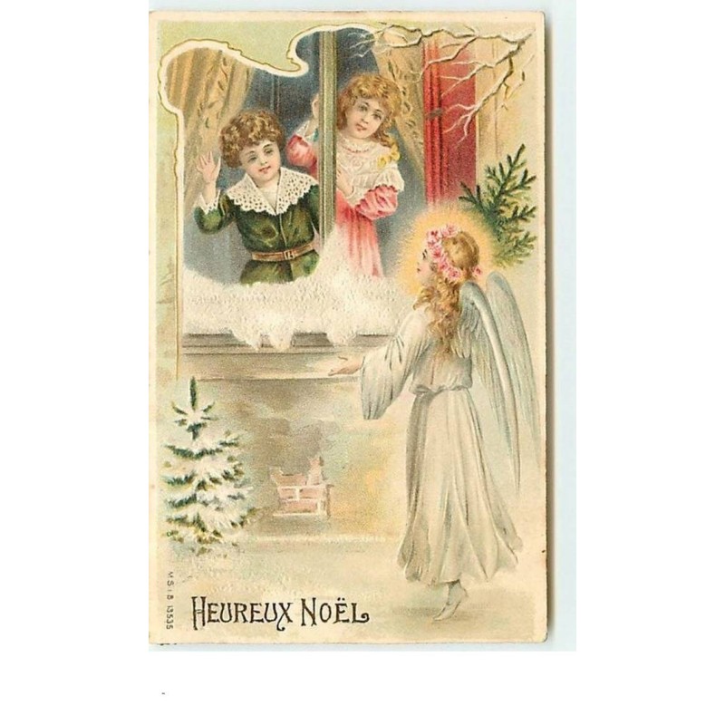 n°11873 - Carte Gaufrée - Heureux Noël - Ange gardien et enfants