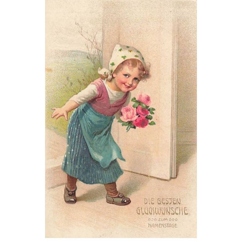 n°24926 - Carte Fantaisie - Fillette avec un bouquet de roses rentrant dans une maison