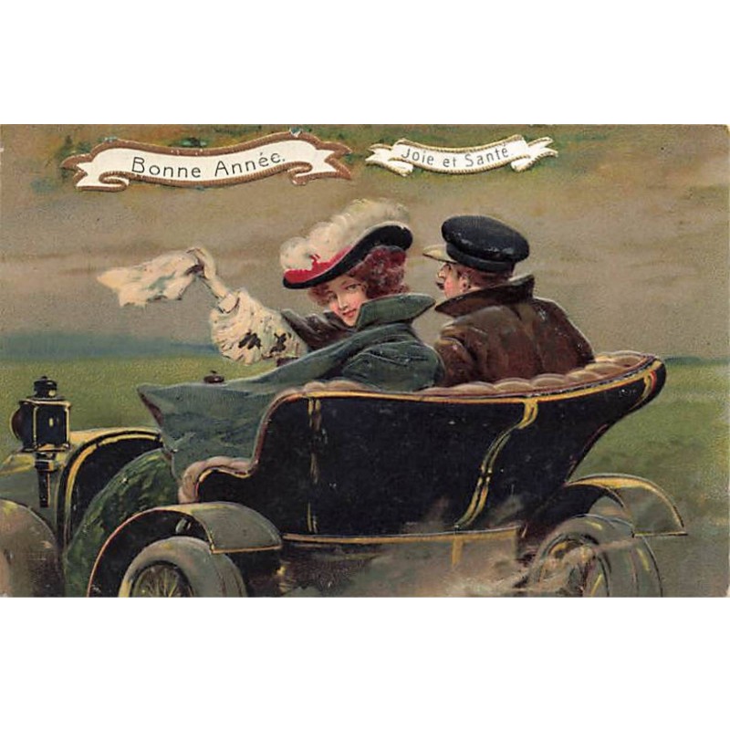 n°24927 - Carte Fantaisie - Bonne Année - Couple dans une Automobile de dos