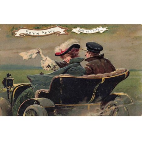 n°24927 - Carte Fantaisie - Bonne Année - Couple dans une Automobile de dos