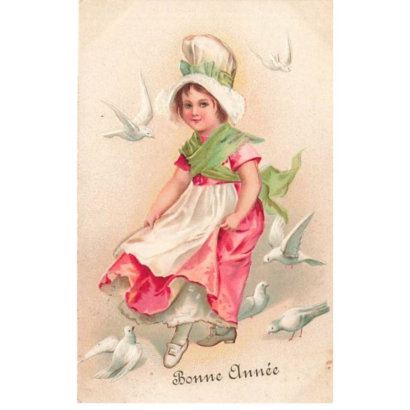 n°24928 - Carte Fantaisie Gaufrée - Bonne Année - Clapsaddle - Fillette entourée de colombes