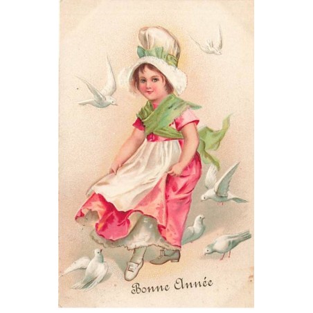 n°24928 - Carte Fantaisie Gaufrée - Bonne Année - Clapsaddle - Fillette entourée de colombes