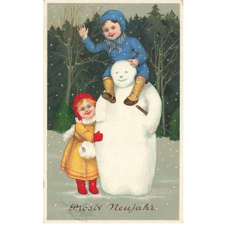 n°24929 - Carte Fantaisie - Prosit Neujahr - Flatscher - Enfants et Bonhomme de neige
