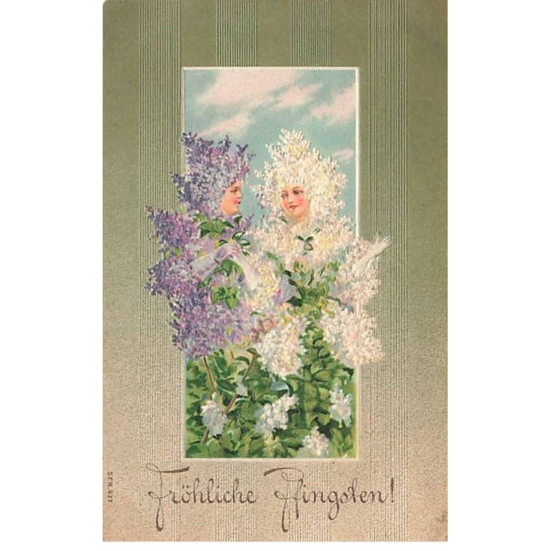 n°24932 - Carte Fantaisie Gaufrée - Fröhliche Pfingsten - Enfants habillés de Lilas