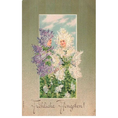 n°24932 - Carte Fantaisie Gaufrée - Fröhliche Pfingsten - Enfants habillés de Lilas