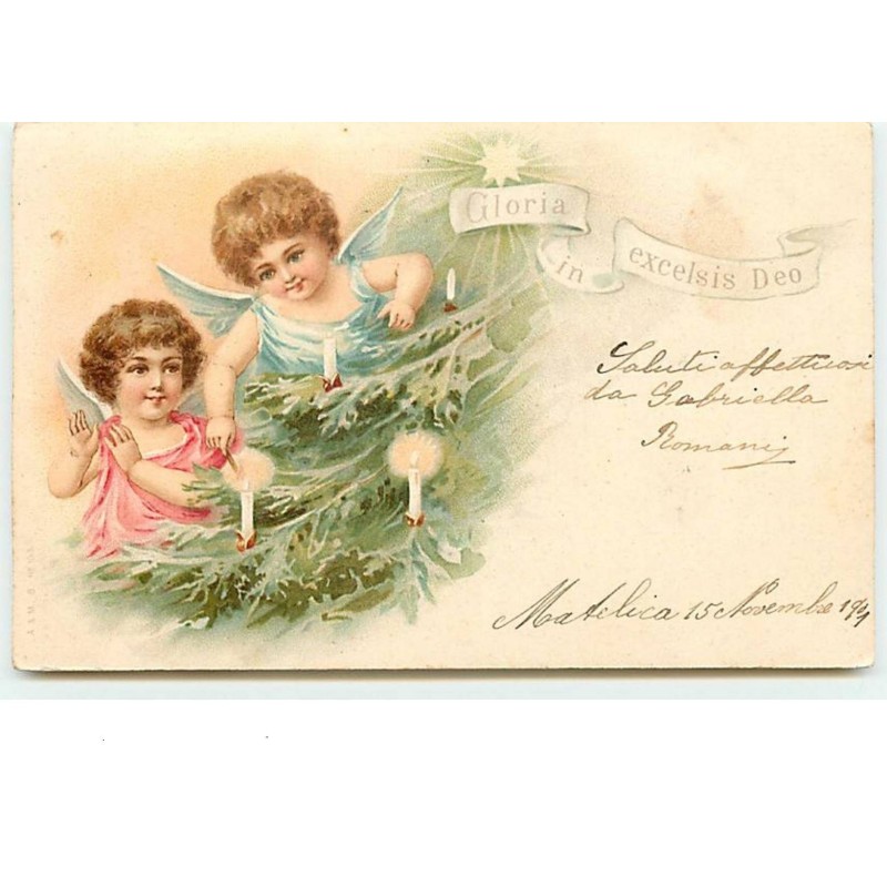 n°11875 - Carte Fantaisie - Angelots allumant les bougies du sapin