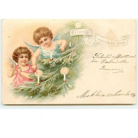 n°11875 - Carte Fantaisie - Angelots allumant les bougies du sapin