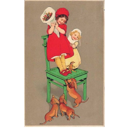 n°24933 - Carte Fantaisie - Flatscher - Fillettes fuyant des teckels sur une chaise - dackel