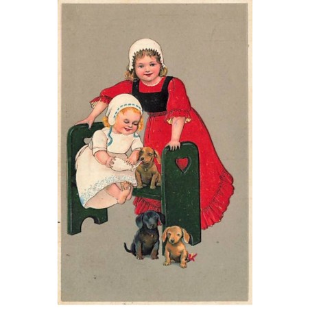 n°24934 - Carte Fantaisie Gaufrée - Serie 7052 - Flatscher - Fillettes et teckels - dackel