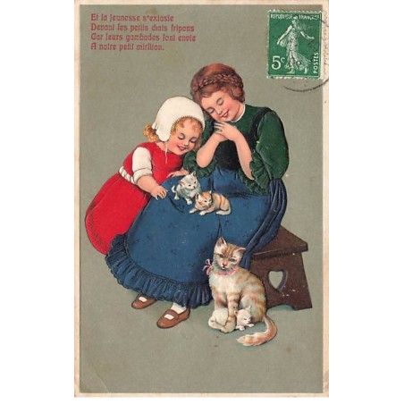 n°24935 - Carte Fantaisie Gaufrée - Serie 7052 - Flatscher - Fillettes et chatons - chat