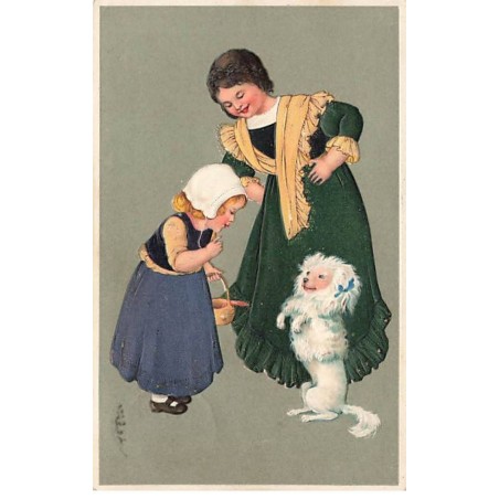 n°24936 - Carte Fantaisie Gaufrée - Serie 7052 - Flatscher - Fillettes et caniche faisant le beau
