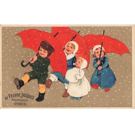 n°24939 - Carte Fantaisie - Flatscher - Enfants avec des parapluies rouges sous la neige - Au Pauvre Jacques Paris