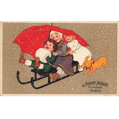 n°24941 - Carte Fantaisie - Flatscher - Enfants sous un parapluie rouge sous la neige - Luge - Au Pauvre Jacques Paris