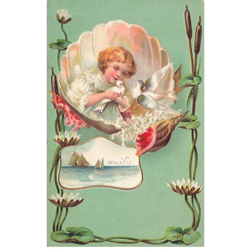 n°24943 - Carte Fantaisie Gaufrée - Clapsaddle - Art nouveau - Enfant dans un Coquillage