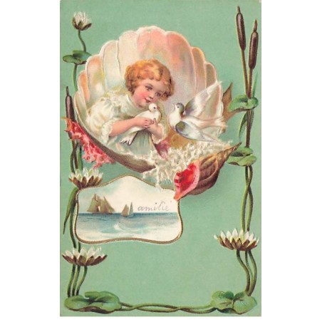 n°24943 - Carte Fantaisie Gaufrée - Clapsaddle - Art nouveau - Enfant dans un Coquillage