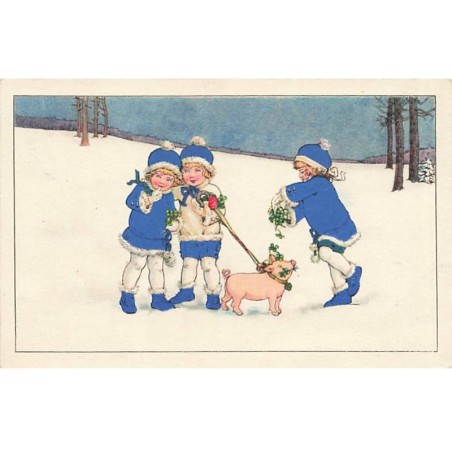 n°24946 - Carte Fantaisie - Style Ebner - Enfants et cochon en laisse