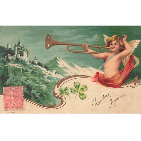 n°24947 - Carte Fantaisie Gaufrée - Clapsaddle - Angelot et Trompette